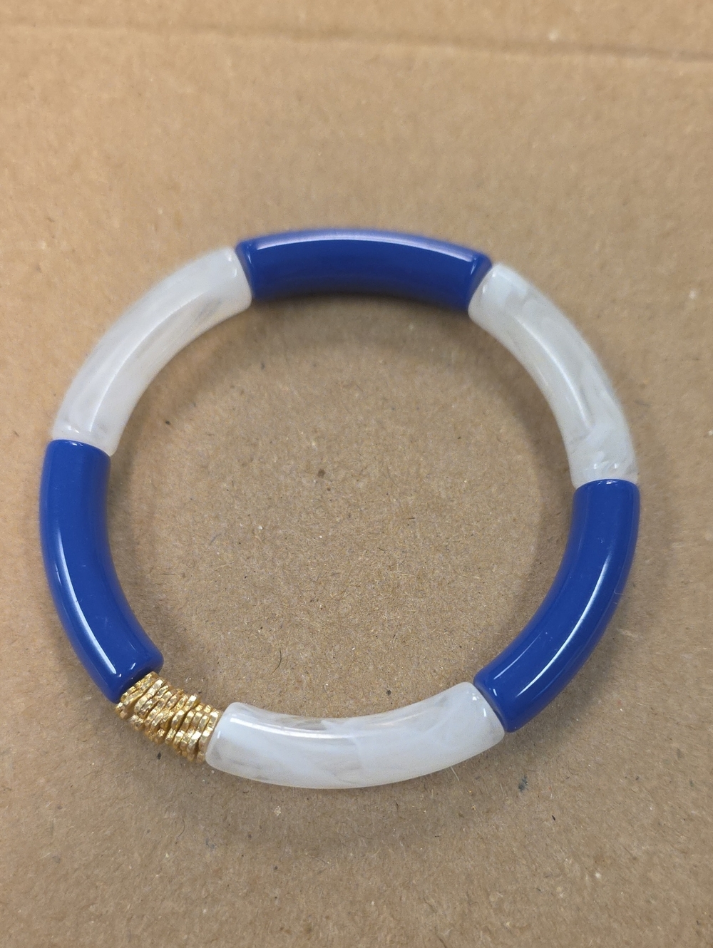 Blue and White Resin Stretch Bracelet with Gold Accent